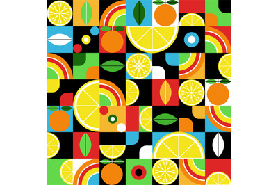 Geometric fruits seamless pattern. Nature abstract berries and cut fru