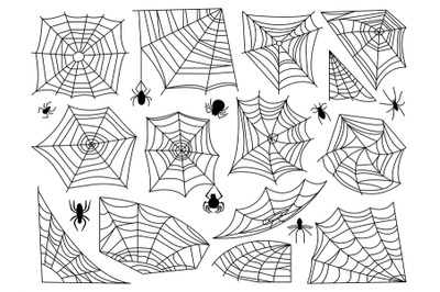 Isolated spider web and spiders black set. Halloween graphics, cobweb