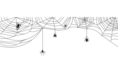 Black cobweb isolated banner. Spiderweb halloween background with spid