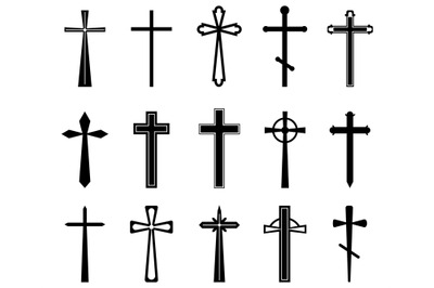 Black christian cross. Church jesus sign, crosses crucifix silhouette.