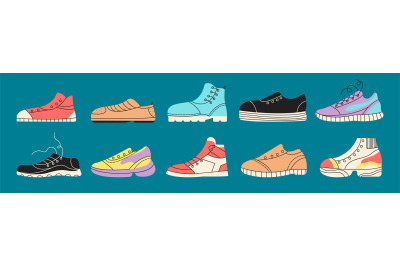 Different sneakers and gumshoes doodle icons. Shoes hand drawn style e