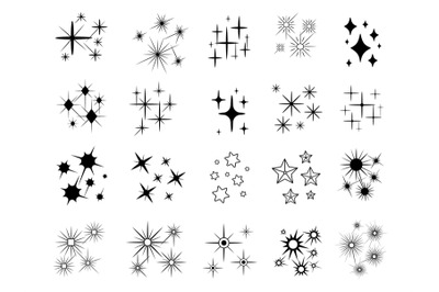 Shine stars shapes icons. Win symbols, black star sparkling, christmas