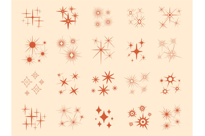 Flat stars with rays retro logos. Shine abstract design elements, mode