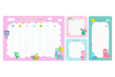 Llama weekly planners, kids daily timetables. Child diary and week sch