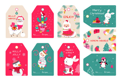 Christmas holiday tags with snowman, xmas llama and gifts. Winter stic