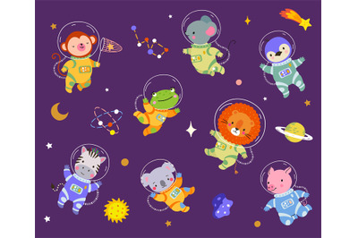 Cartoon space animals astronaut suits flying with stars and planet. Cu