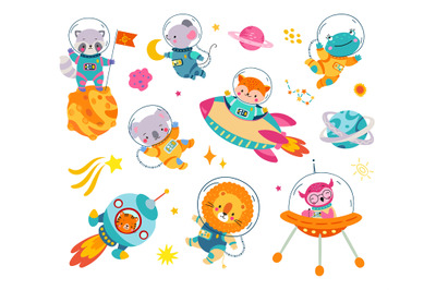 Space animals set in cosmonaut suit. Astronauts flying in rocket and i