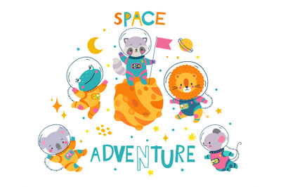 Space adventure animals children print, astronauts in suits. Funny lio