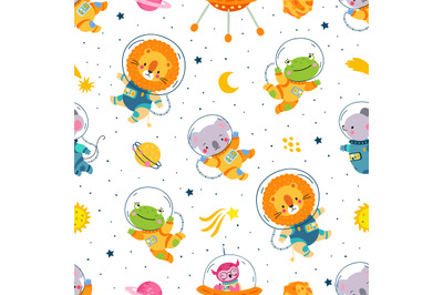 Space animals seamless pattern. Kindergarten wallpaper with pets in co