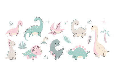 Cute flat cartoon dinosaur. Set dinosaurs herbivorous, babies dino and