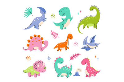 Cartoon cute dino characters. Little dinosaurs, color isolated dinosau