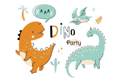 Dinosaur poster for cool kid boy party. Cute dino print t-shirt, art c