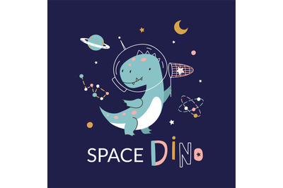 Cute dino in space funny t-shirt print. Dinosaur astronaut in helmet,