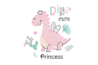 Princess girl dino card template. Cute dinosaur fairy, baby sweet grap