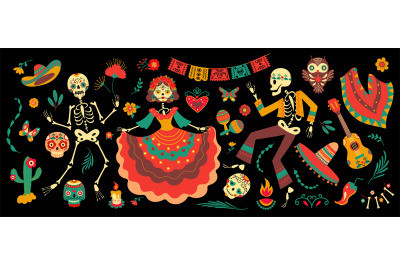 Day of dead mexico festival elements. Mexican sugar skulls and dancing