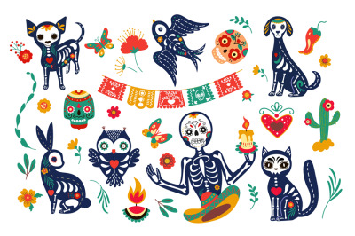 Mexican animal skulls&2C; festive dog&2C; bird cat and owl. Animals and huma