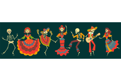 Dancing skeletons mexican festival characters. Skeleton jump and flame