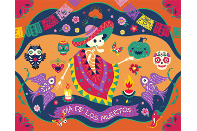 Day of dead poster with festive human skeleton in mexico poncho. Celeb