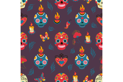 Day of dead seamless pattern with skull and flowers. Gothic floral mex