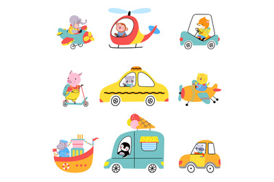 Cute cartoon animals driving auto, flying helicopter and swim on ship.