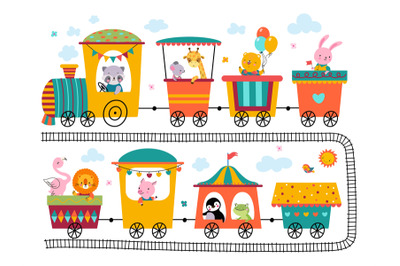 Cute animals ride train. Fun zoo trains&2C; toddler party banner elements