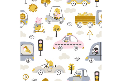 Animals driving transport, cars and trucks. Cute cartoon raccoon taxi