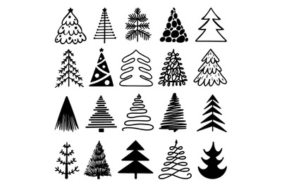 Sketch christmas tree isolated logo set. Hand drawn pencil holiday win