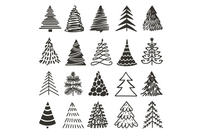 Doodle black christmas tree icons. Xmas rough drawn trees&2C; abstract pe