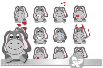 Icons in the form of a donkey depicting various emotions. Archive contains: JPEG 300 dpi isolated on white background, PNG transparent background, EPS 10 in any desired size.