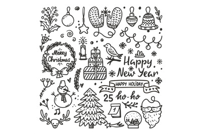 Doodle christmas isolated holiday elements. Holly xmas winter plants,