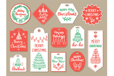 Christmas present badges collection. Xmas tags for gift boxes with fir