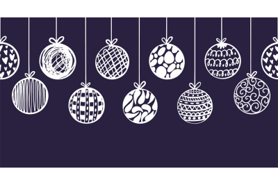 Doodle christmas ball pattern. Drawn baubles xmas decoration. Sketch h