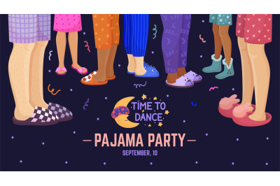 Pajama party background with casual slippers on human legs. Holiday re