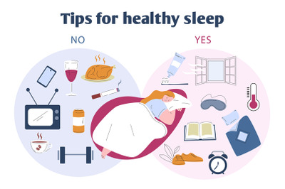 Young girl sleep in bed and well and bad habits. Healthy sleeping tips