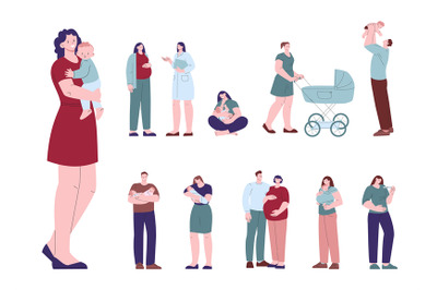 Happy pregnant characters, woman hold newborn baby. Little children wi