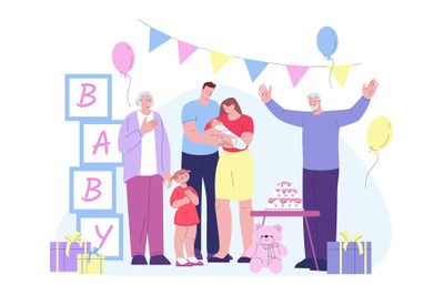 Family newborn party scene. Congratulations mom, woman holding baby. H