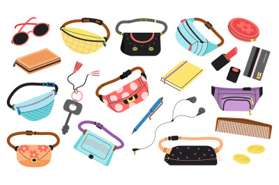 Belt bags and girl accessories. Handbag purse fashion models, isolated