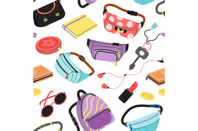 Fashion bags seamless pattern. Girly waist bag, fabric backpack, sungl