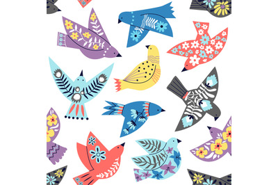 Birds seamless pattern. Ethnic folk abstract flying bird wallpaper. De