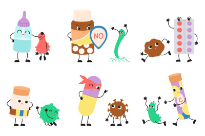 Cartoon pills and viruses scenes. Antibiotics fight with infection&2C; cu