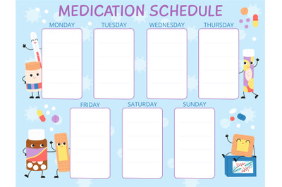 Medication schedule planner. Cute pills and drugs cartoon characters a