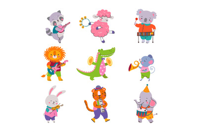 Cartoon animals musician hold musical instruments. Animal music band c