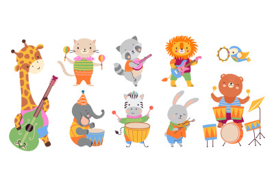 Animal musician party. Wild animals play musical instruments. Cute cel