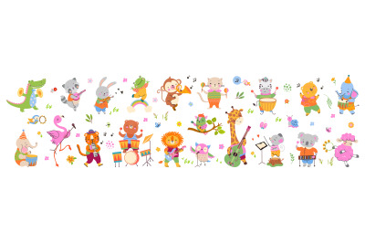 Musical dancing animals, celebration concert. Cartoon animal play musi