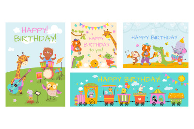 Happy birthday cards with cartoon animals. Africa zoo&2C; tiger and giraf