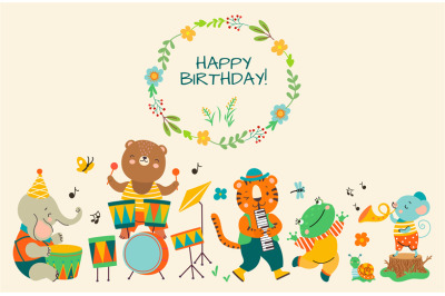 Birthday party cute jungle animal banner. Music celebration animals&2C; h