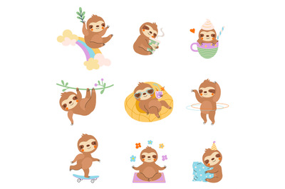 Cute cartoon baby sloths. Wild sloth with coffee, swim, drink cocktail