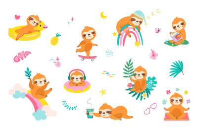 Funny sloth characters swimming and sleep. Cute cartoon sloths, wild e