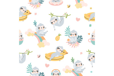 Lazy cartoon sloth seamless pattern. Sloths textile prints, sleeping e