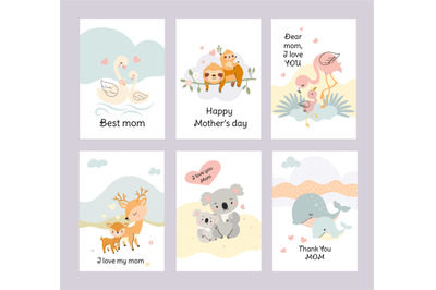 Cute animal mother day cards. Cubs and mummy, baby animals love mom. F